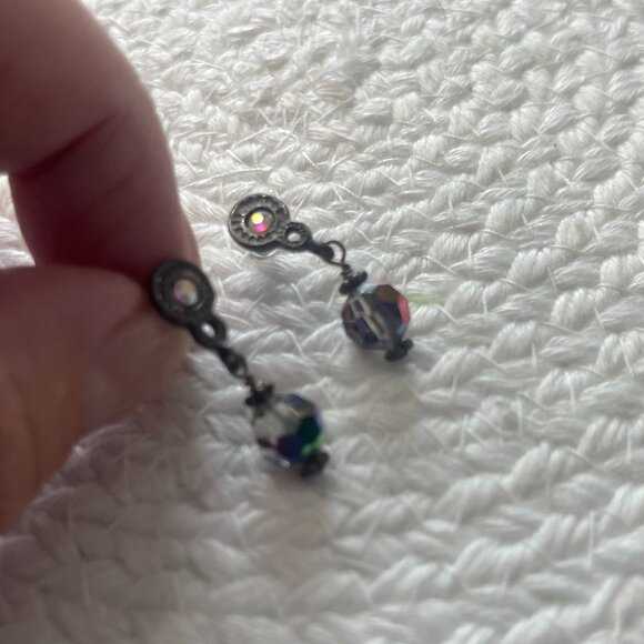 Gorgeous BLACK AURORA BOREALIS CRYSTAL Silver Dangle Earrings #848D - Picture 2 of 3